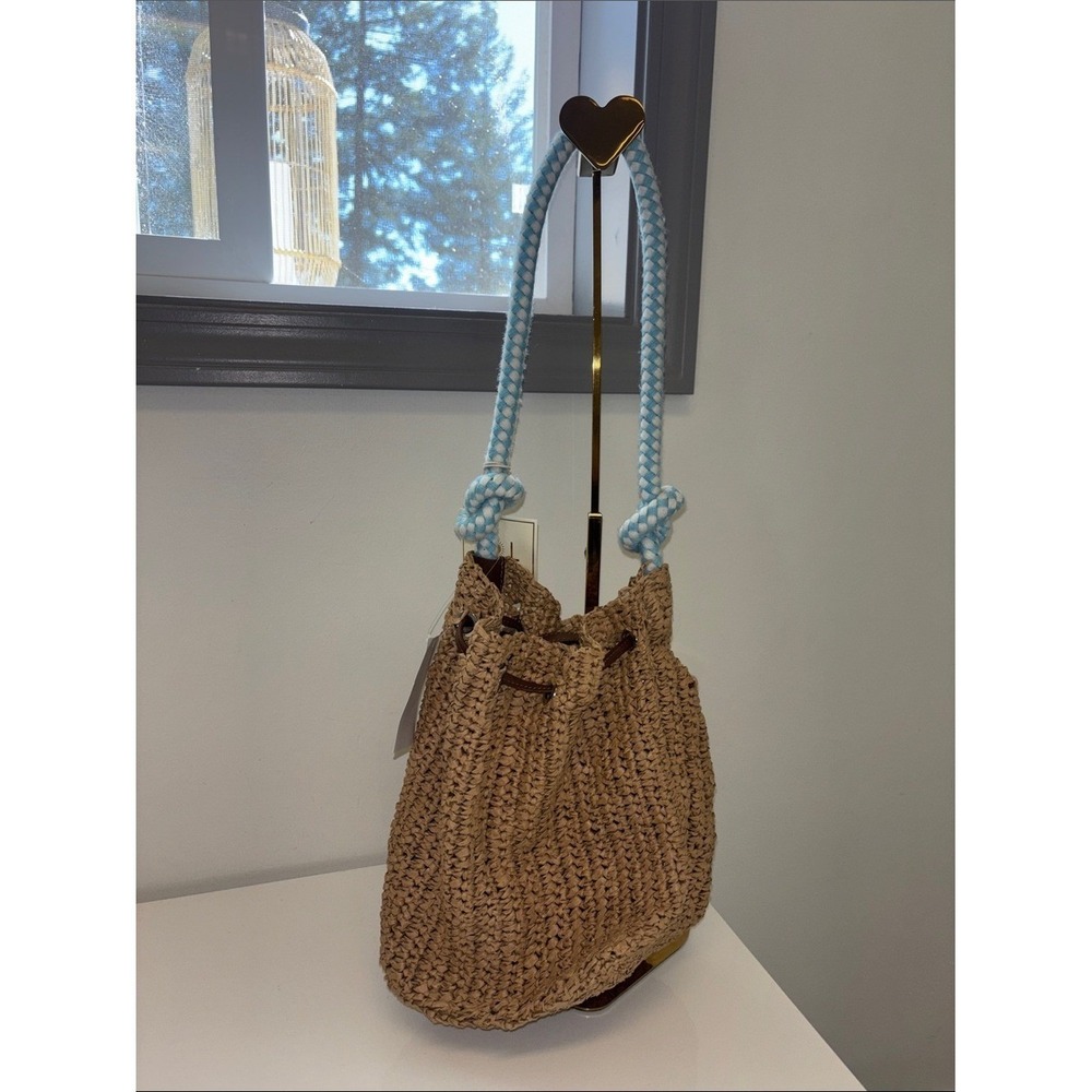 Straw Drawstring Bucket Bag with Light Blue Rope Handle NWT NEW Sol and Mer - Picture 6 of 11